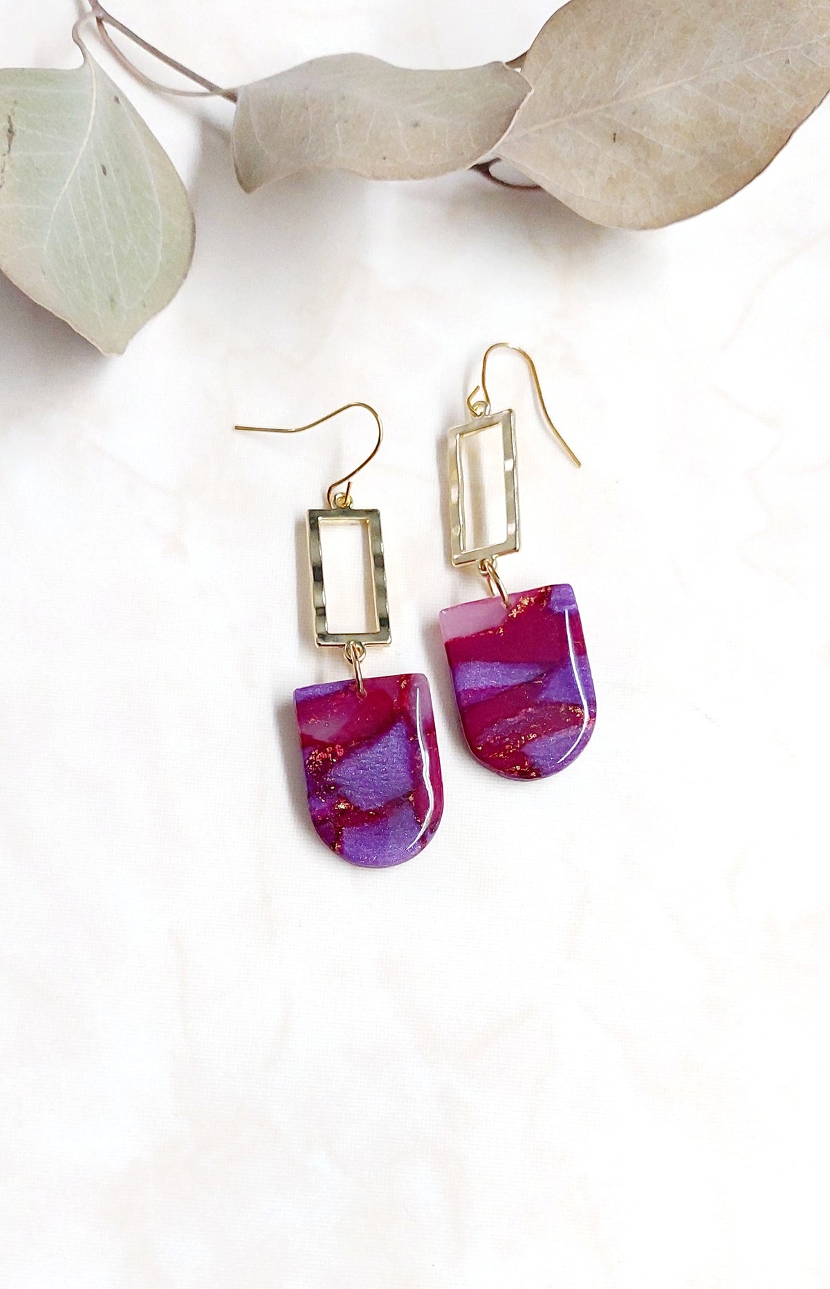Handmade Dangle Polymer Clay Earrings- Marbled Red & Violet With Golden Accents