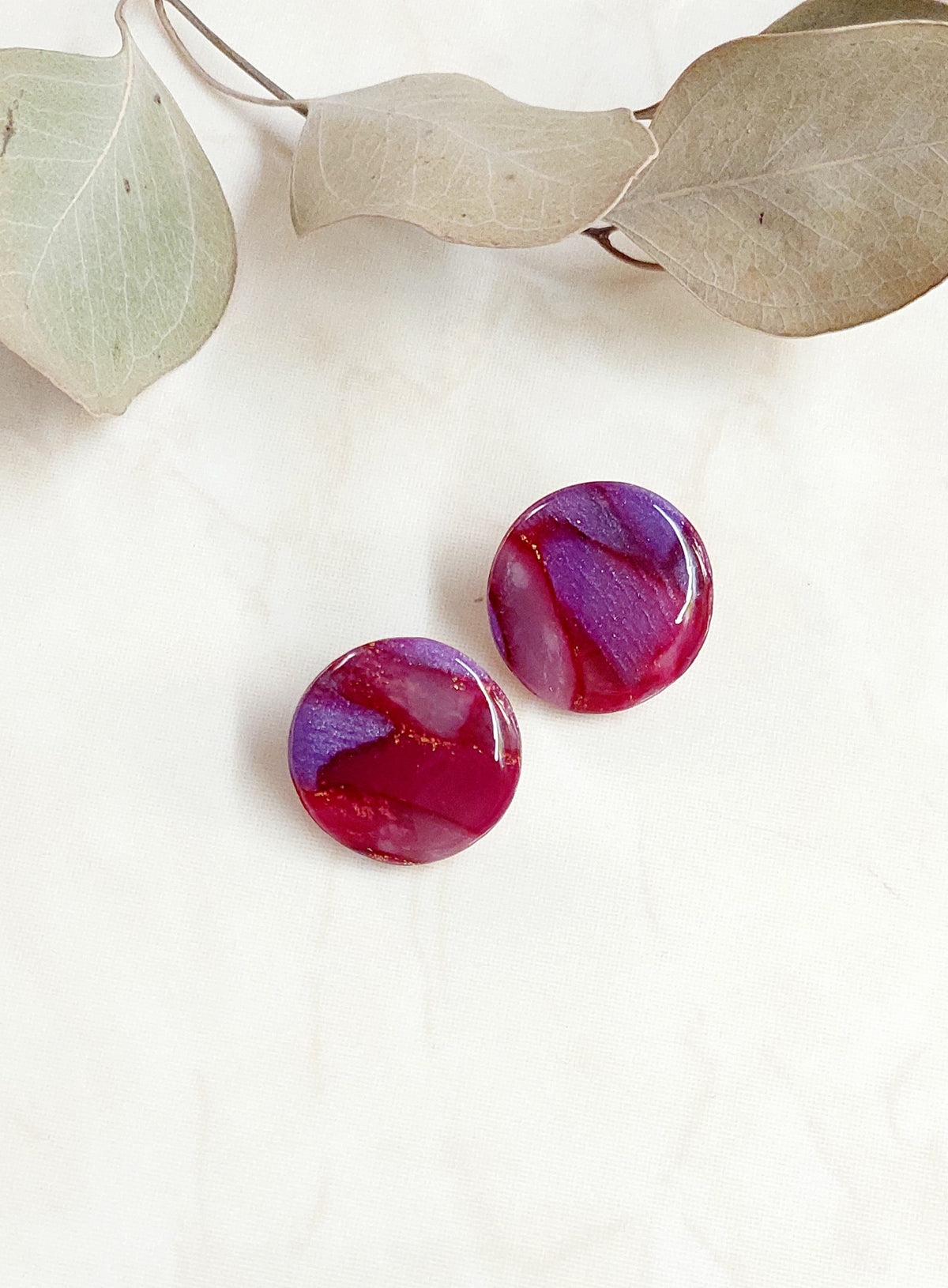 Circle Handmade Polymer Clay Stud Earrings- Marbled Red & Violet