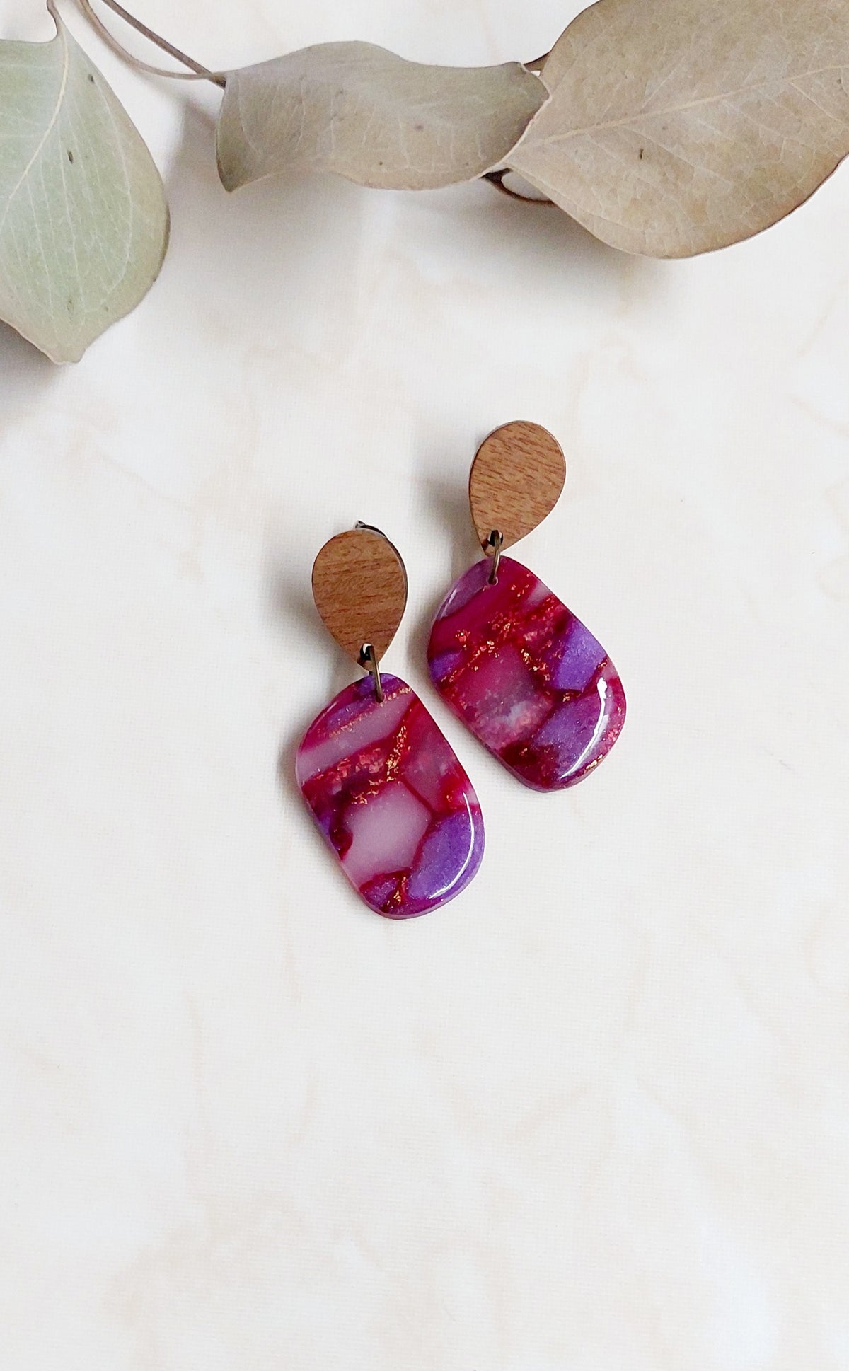 Handmade Polymer Clay Earrings- Marbled Red & Violet With Wooden Accents