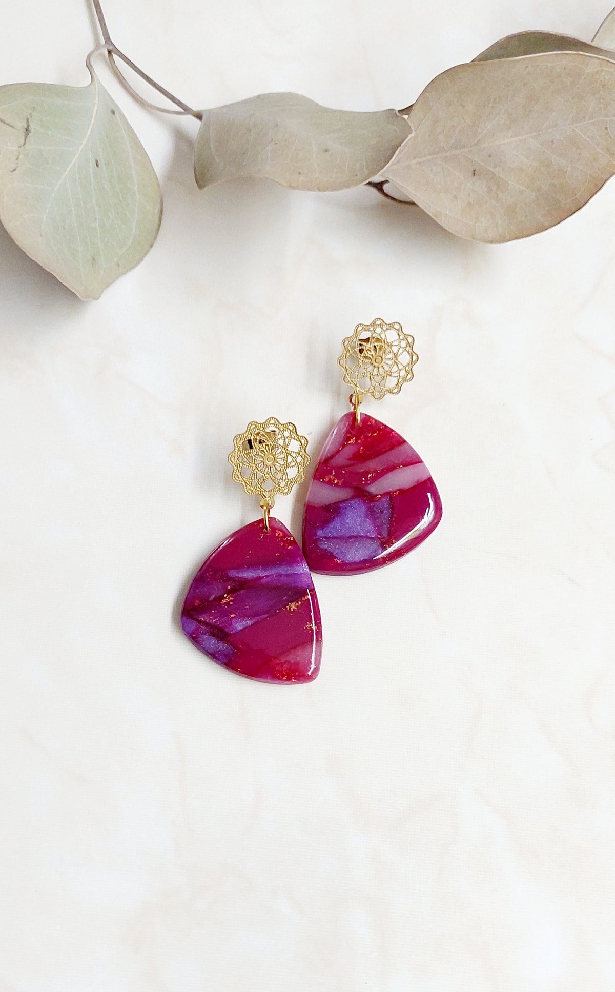 Dangle Polymer Clay Handmade Earrings- Marbled Red & Violet With Golden Accents