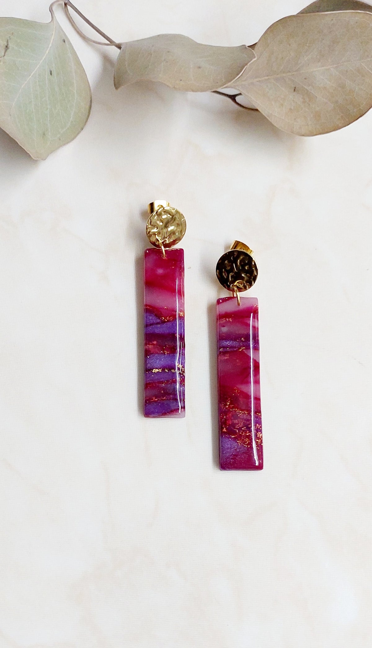 Handmade Polymer Clay Earrings- Marbled Red & Violet With Golden Accents