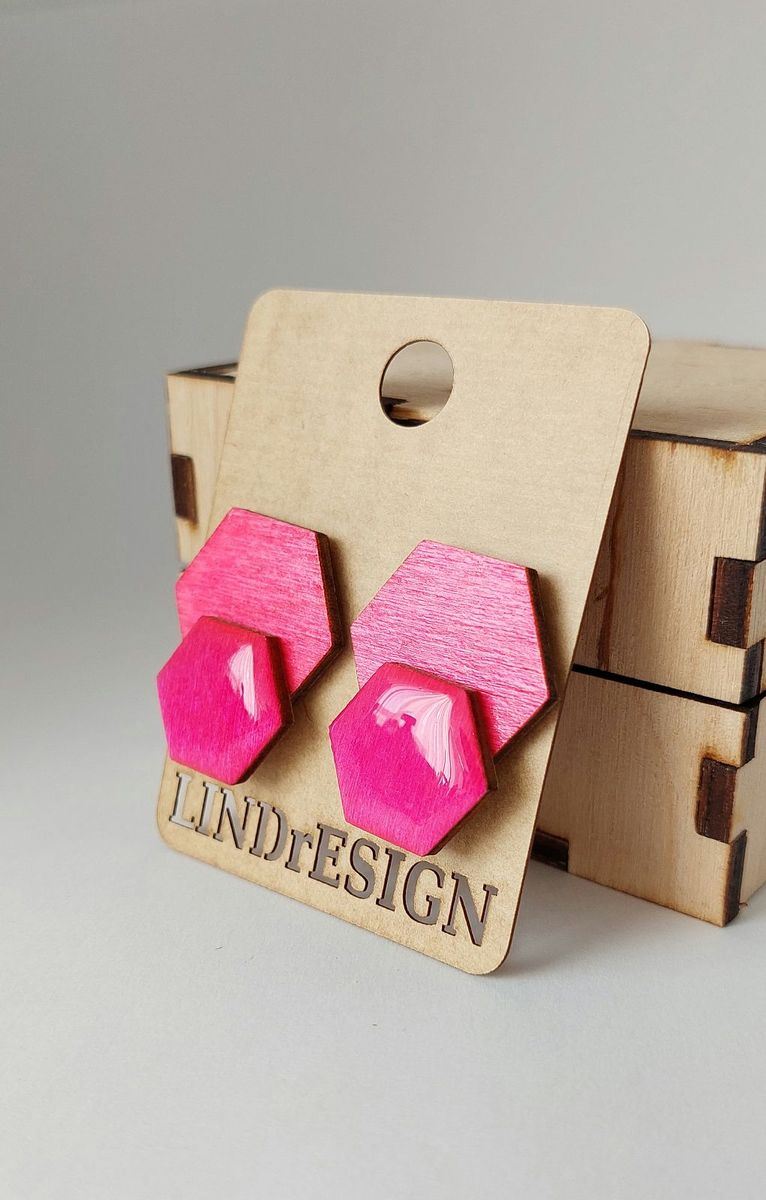 Double Hexagon Stud Earrings – Pink & Hot Pink Marbled