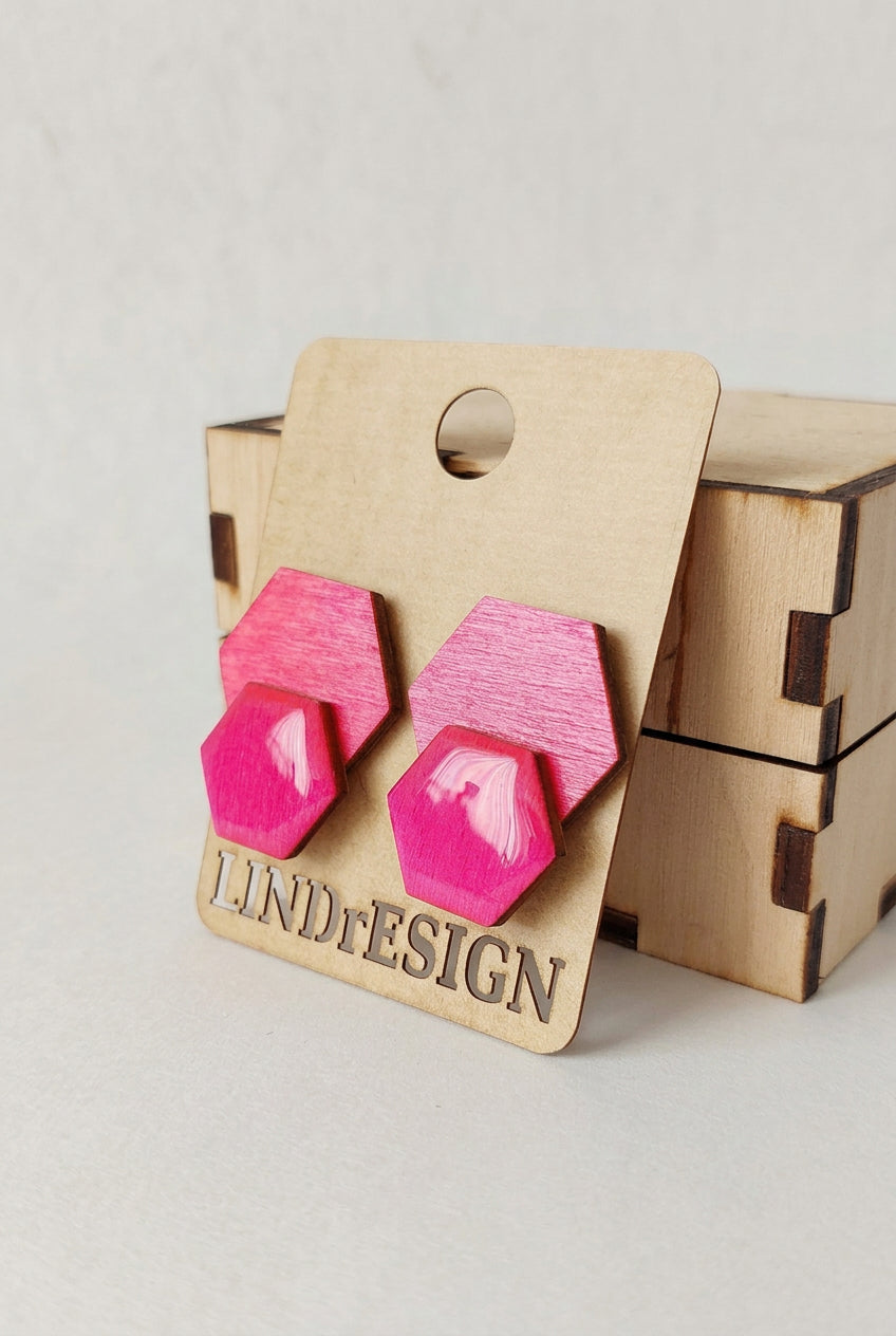 Double Hexagon Stud Earrings – Pink & Hot Pink Marbled
