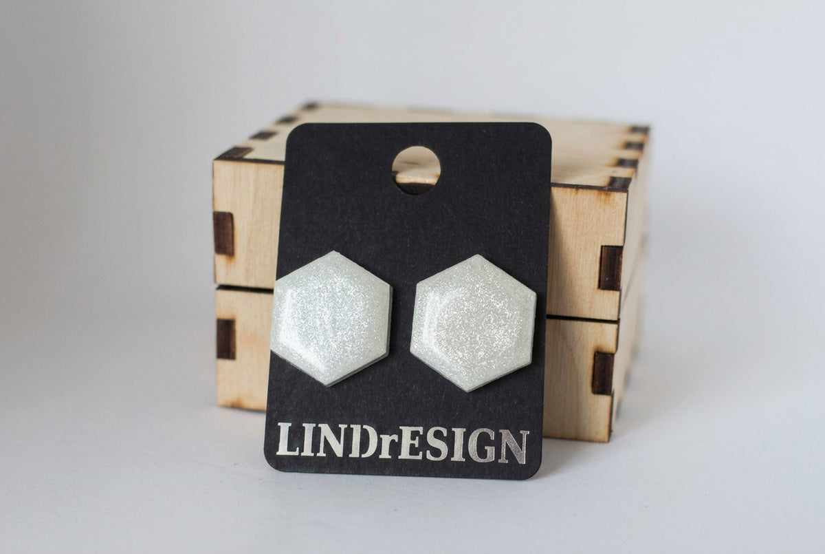 Hexagon Stud Earrings – Silver White Shimmer