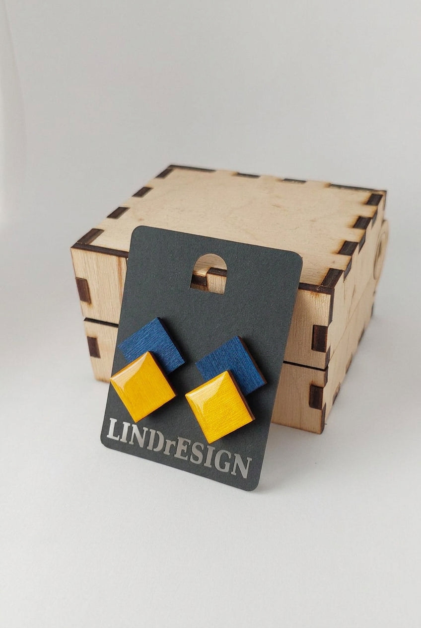Double Square Stud Earrings – Blue & Yellow