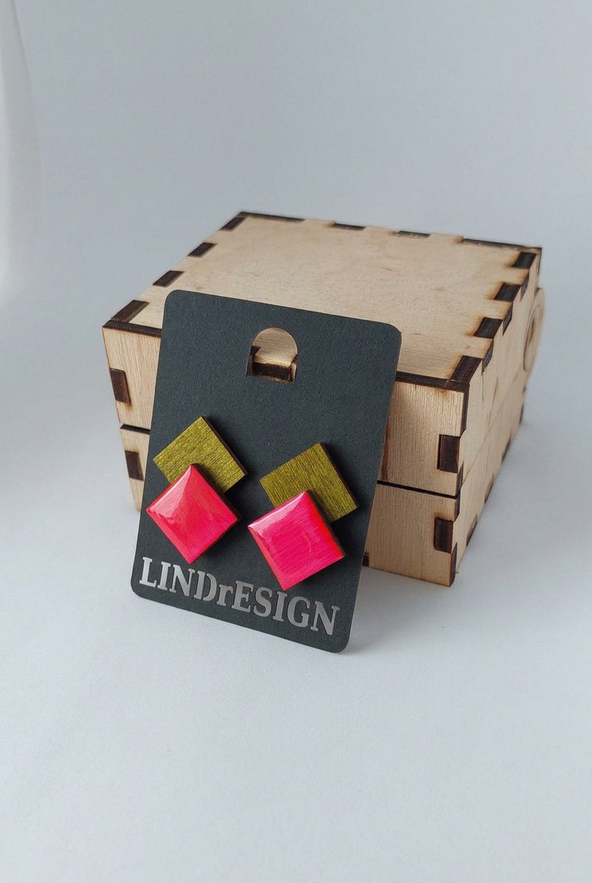 Double Square Stud Earrings – Olive & Hot Pink