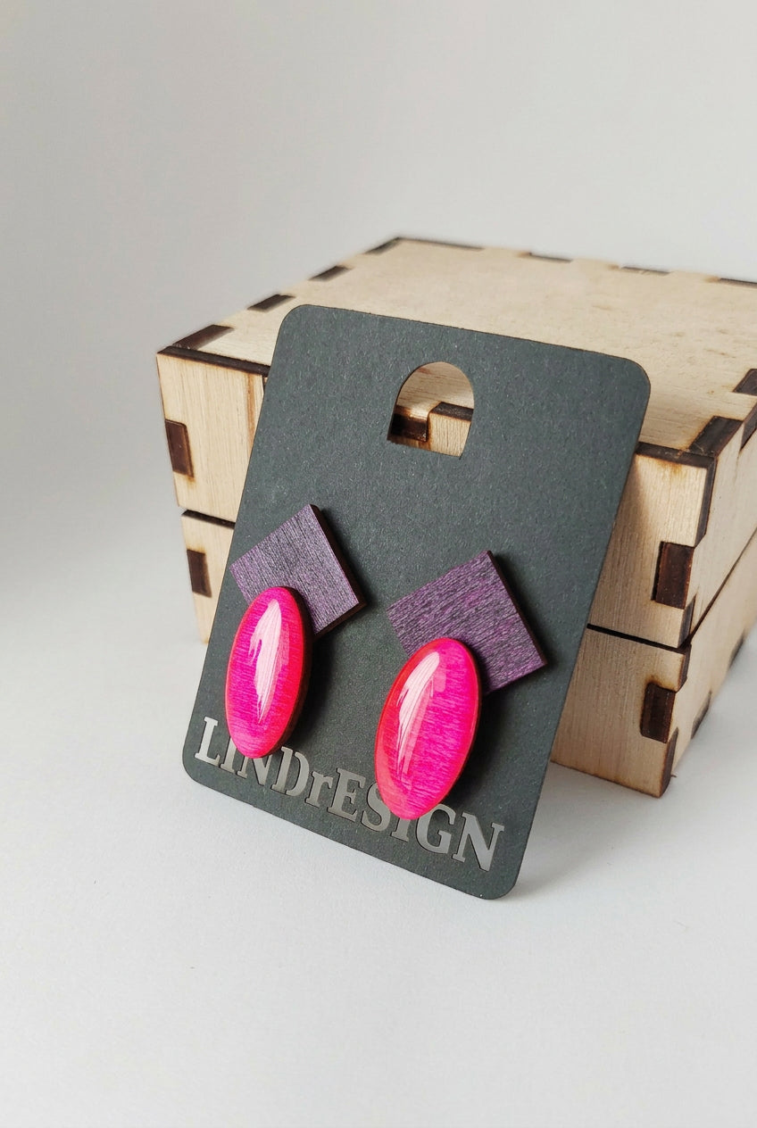 Square & Oval Stud Earrings – Purple & Hot Pink