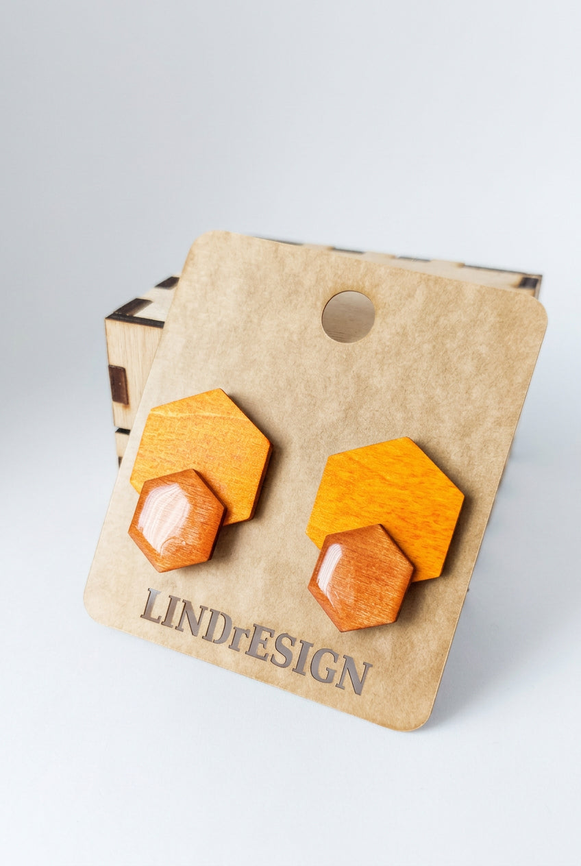 Double Hexagon Stud Earrings – Yellow & Orange Marbled