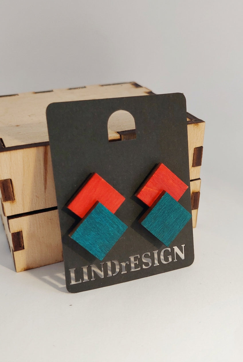 Double Square Stud Earrings – Red & Teal