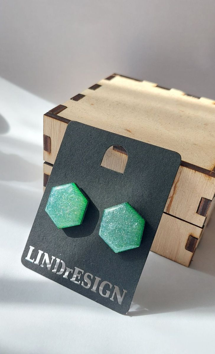 Hexagon Stud Earrings – Green Glitter Shimmer