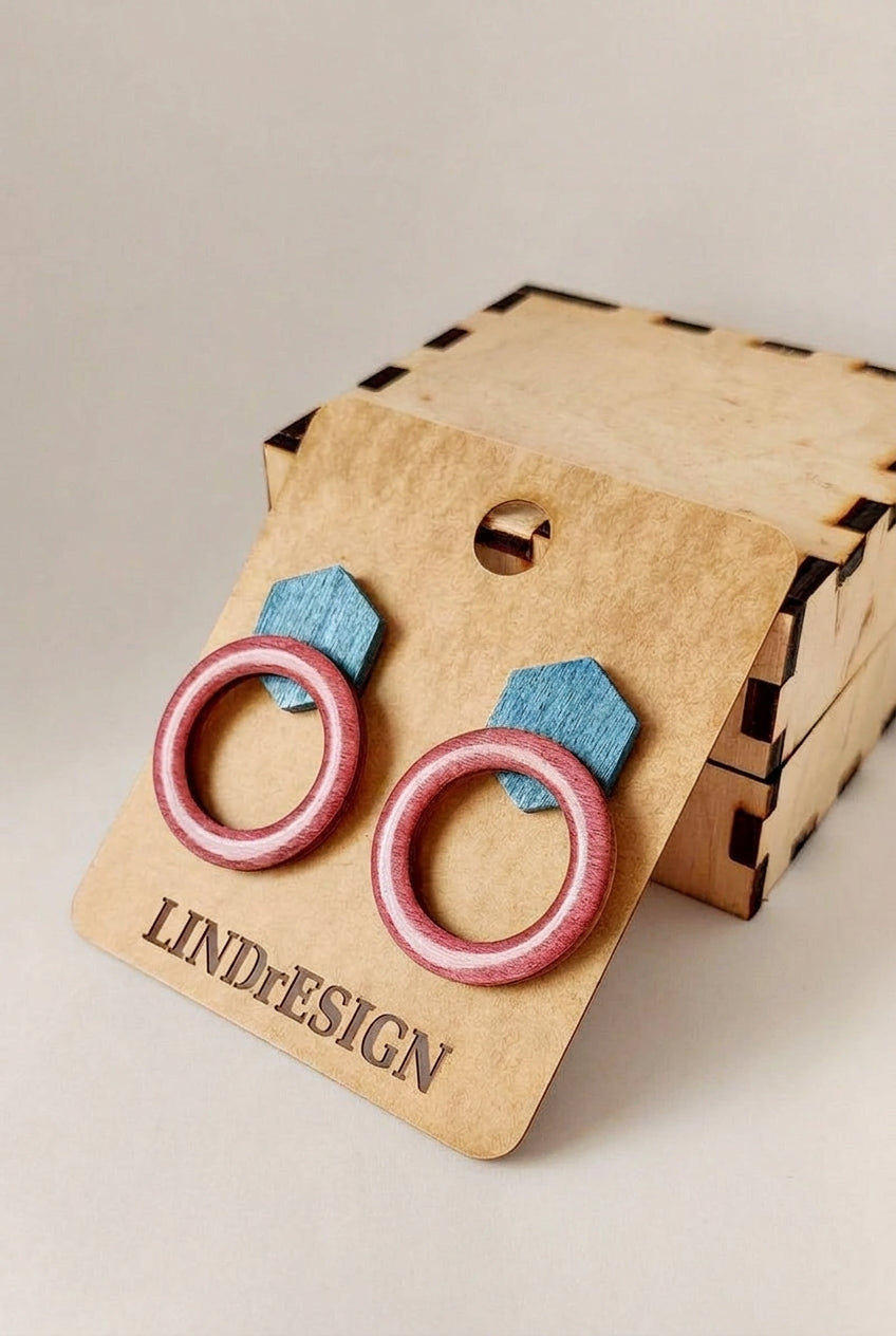 Hexagon & Open Circle Stud Earrings – Teal & Dusty Rose