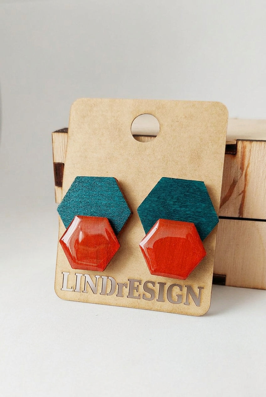 Double Hexagon Stud Earrings – Teal & Burnt Orange