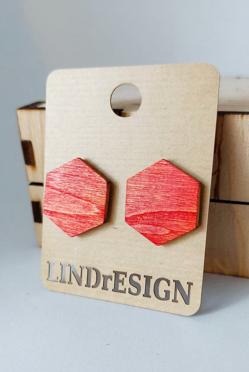 Hexagon Stud Earrings – Coral Red