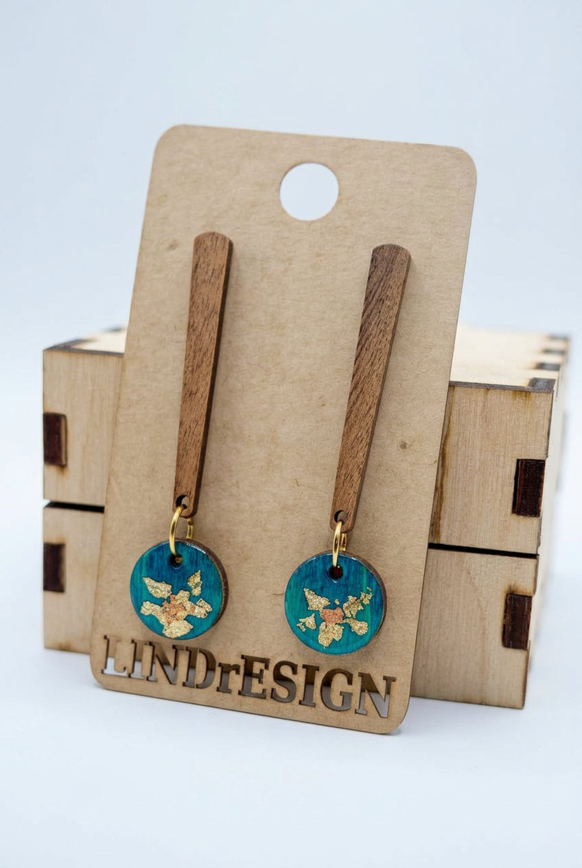 Bar Dangle Earrings – Teal & Gold Leaf