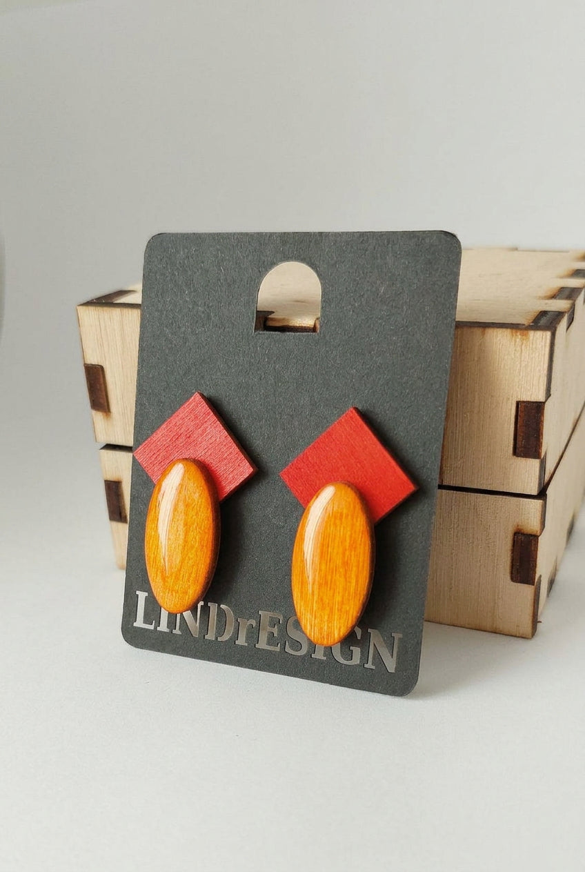 Square & Oval Stud Earrings – Red & Orange