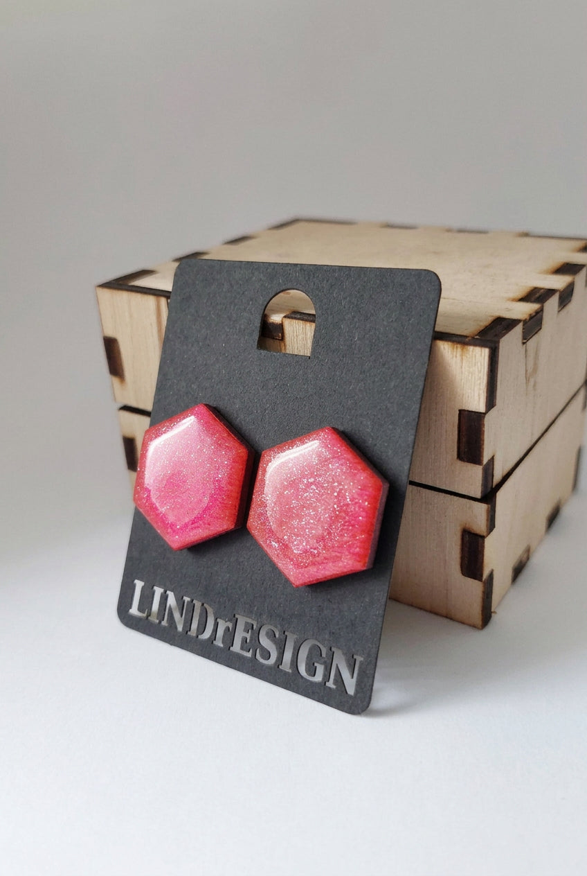 Hexagon Stud Earrings – Pink Glitter Shimmer