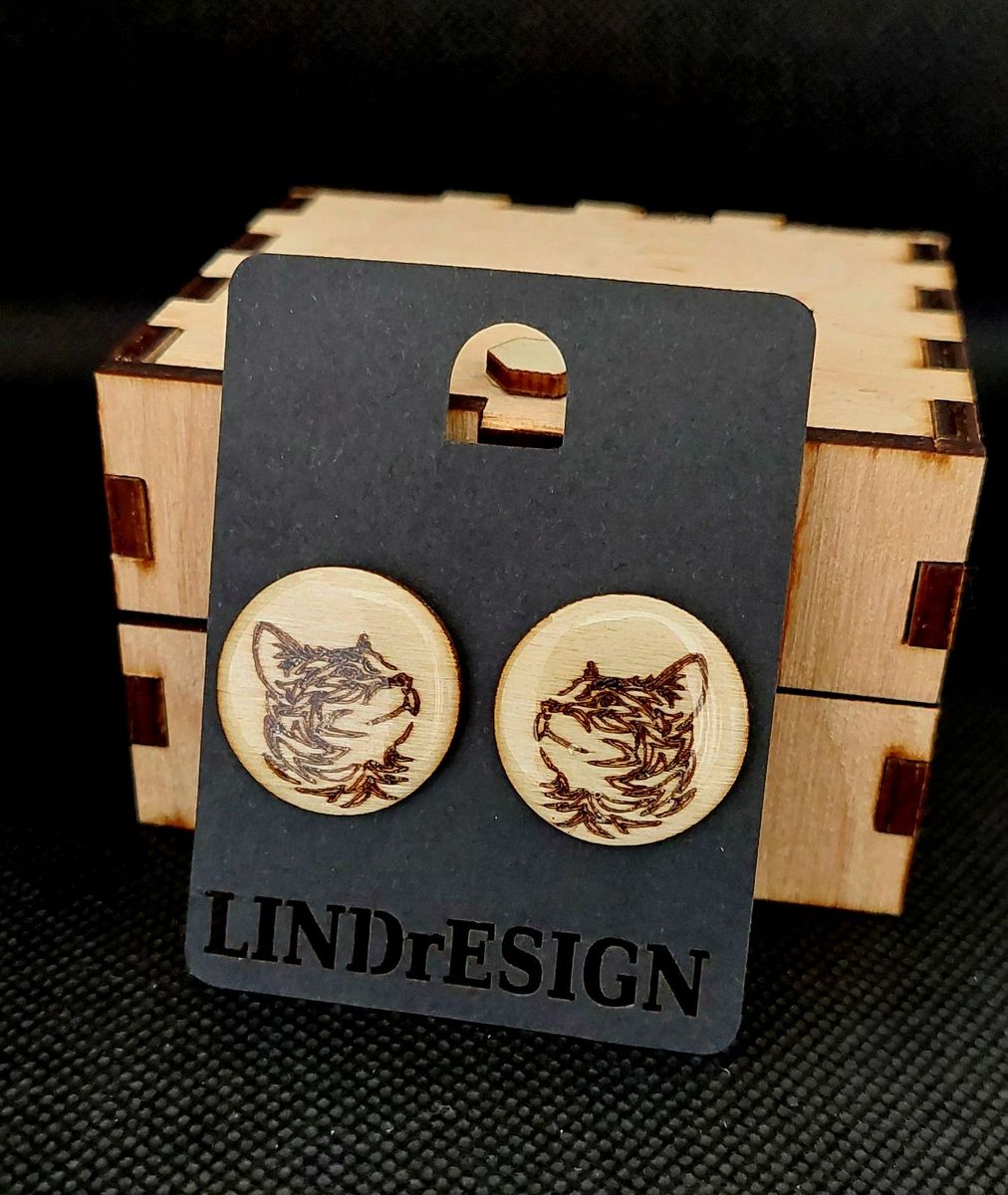 Wood-Burned Stud Earrings – Cat Design