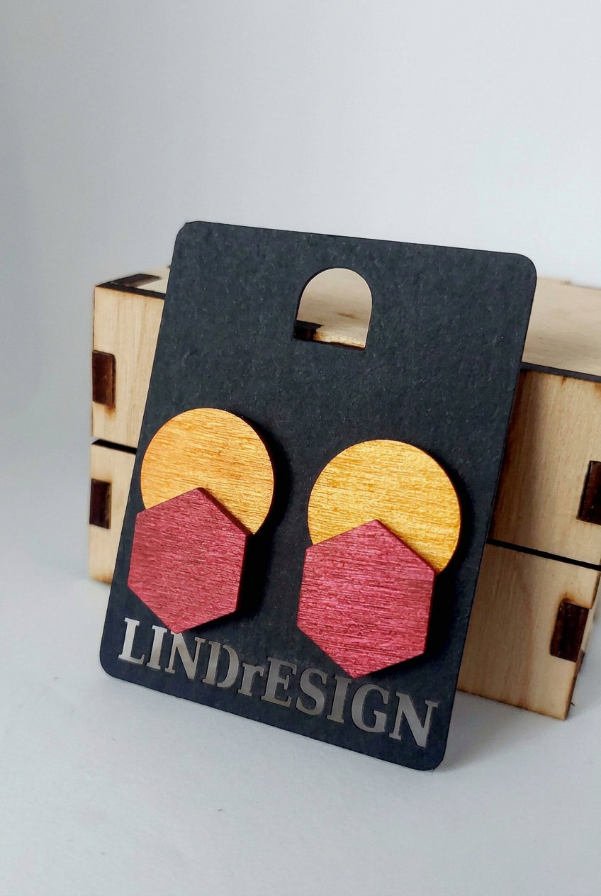 Double Hexagon Stud Earrings – Orange & Raspberry