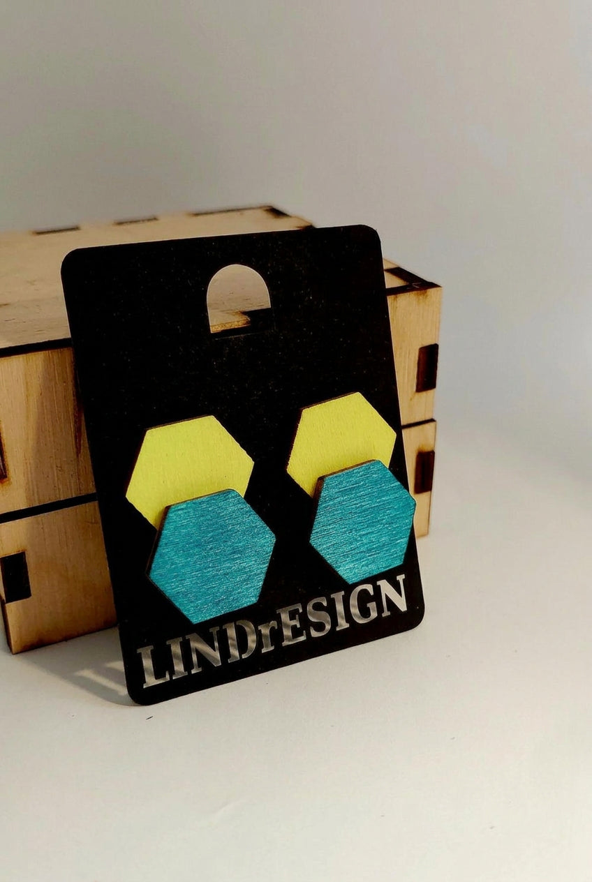 Double Hexagon Stud Earrings – Yellow & Teal