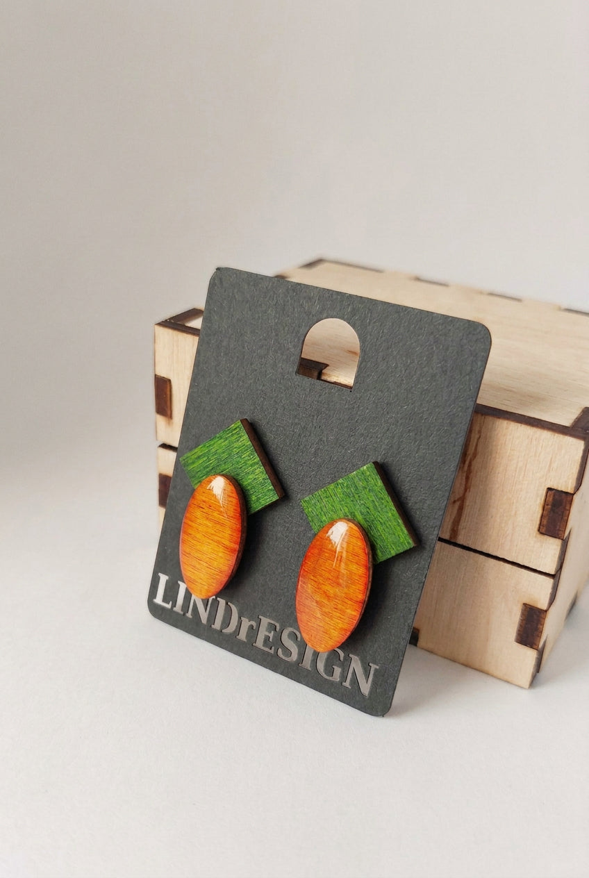Square & Oval Stud Earrings – Green & Orange
