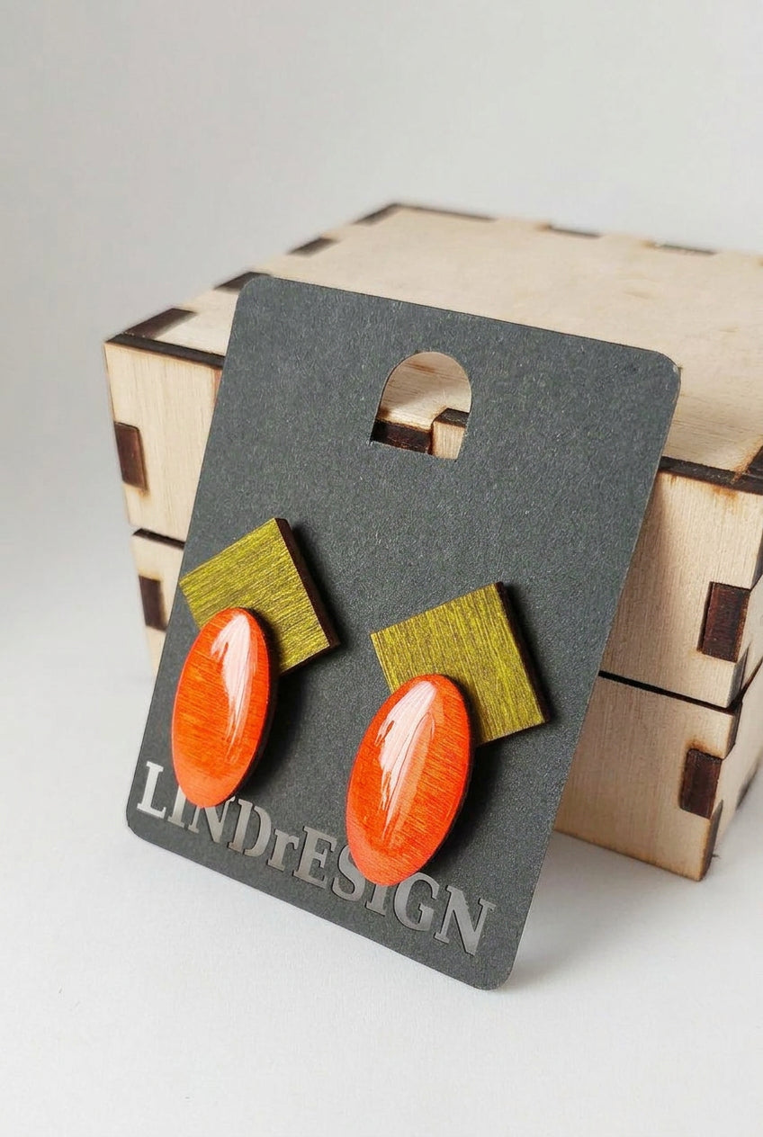Square & Oval Stud Earrings – Olive & Orange