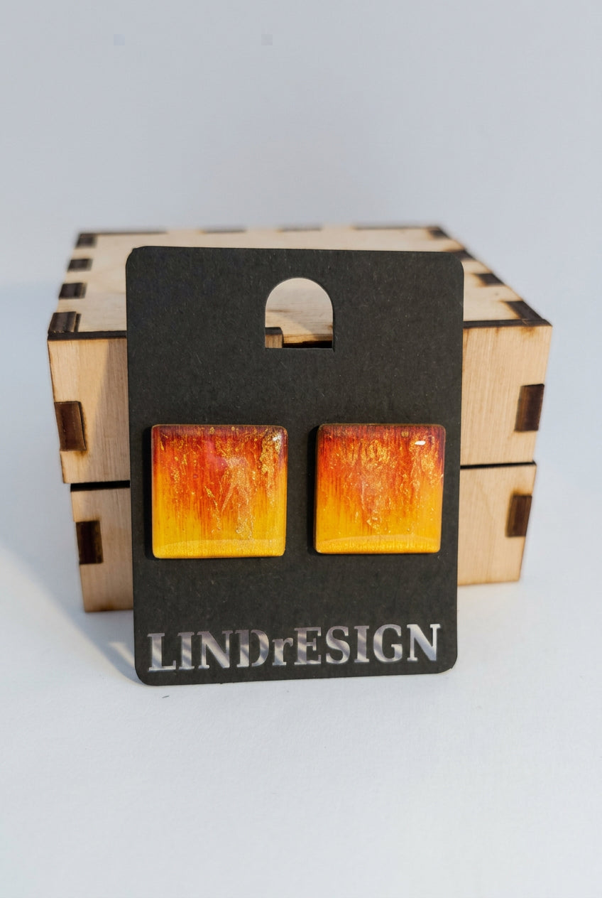 Square Stud Earrings – Sunset Gradient & Gold Leaf