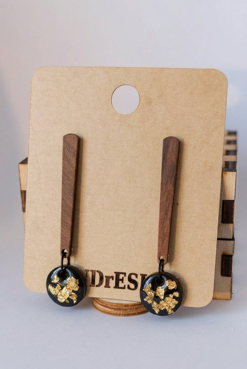 Bar Dangle Earrings – Black & Gold Leaf