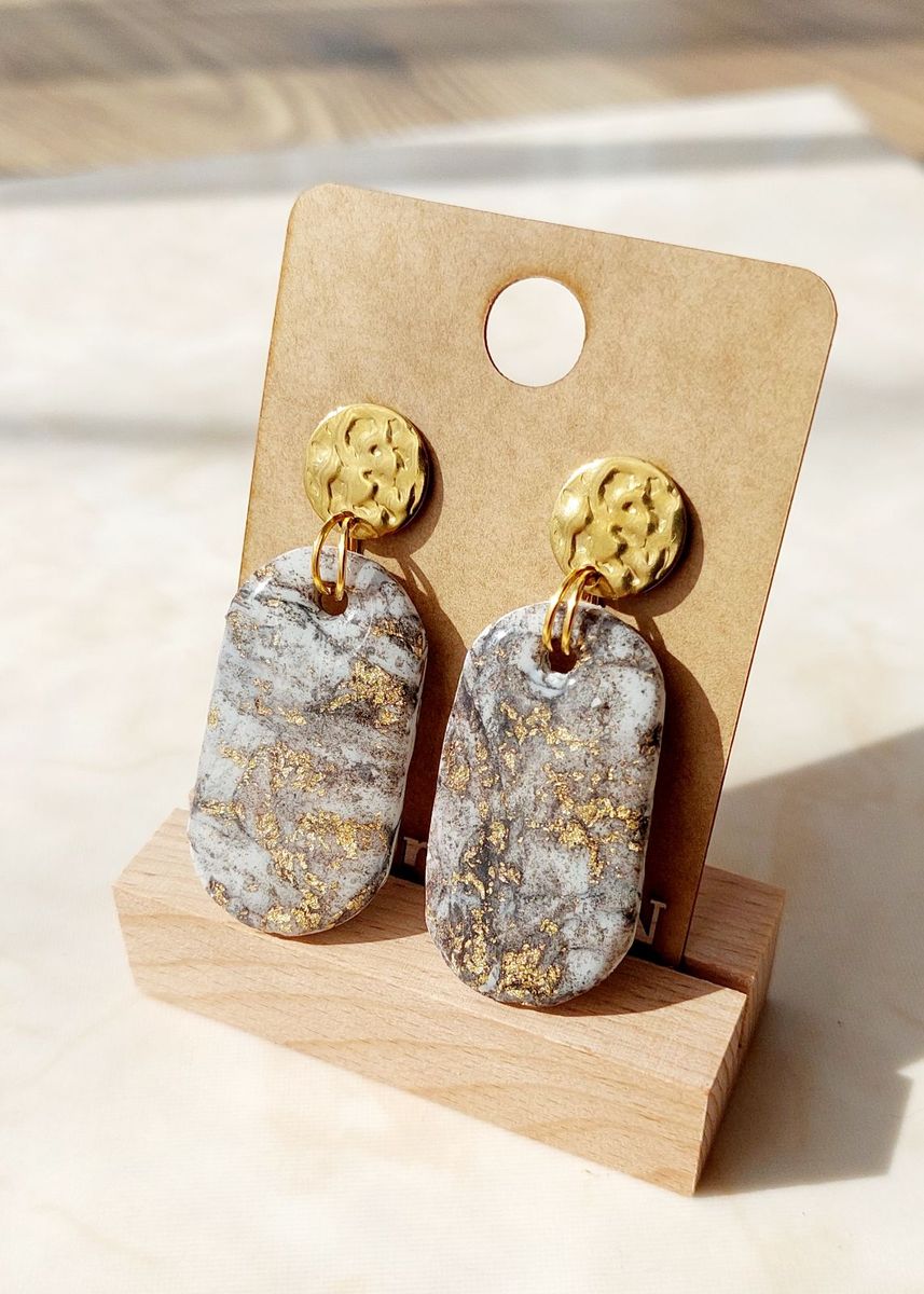 Oval Dangle Earrings – Grey Marble with Gold Leaf