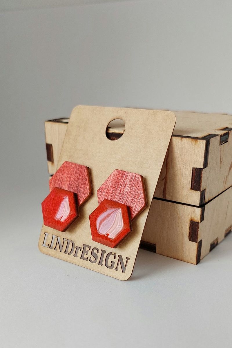 Double Hexagon Stud Earrings – Coral & Red Marbled