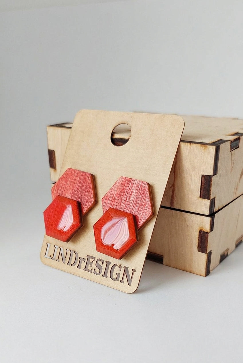 Double Hexagon Stud Earrings – Coral & Red Marbled