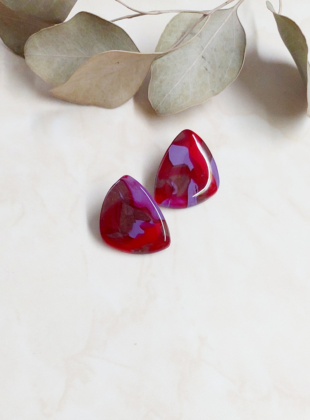 Triangle Polymer Clay Stud Earrings- Red, Purple & Shiny Cocoa