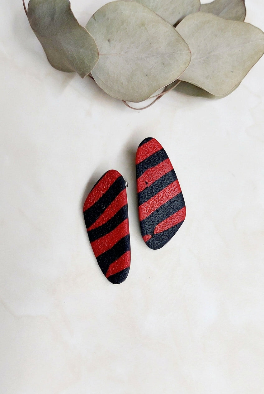 Handmade Stud Polymer Clay Earrings- Black & Red Striped