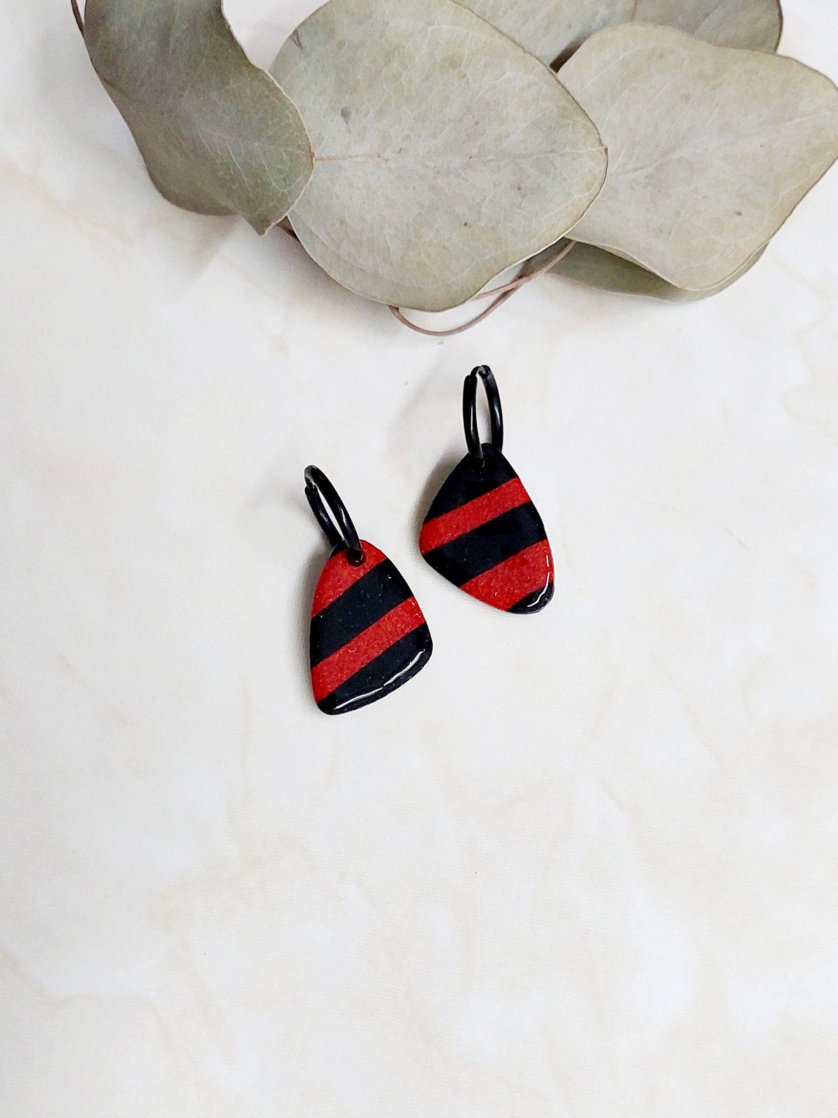 Handmade Dangle Polymer Clay Earrings- Black & Red Striped With Black Hoops