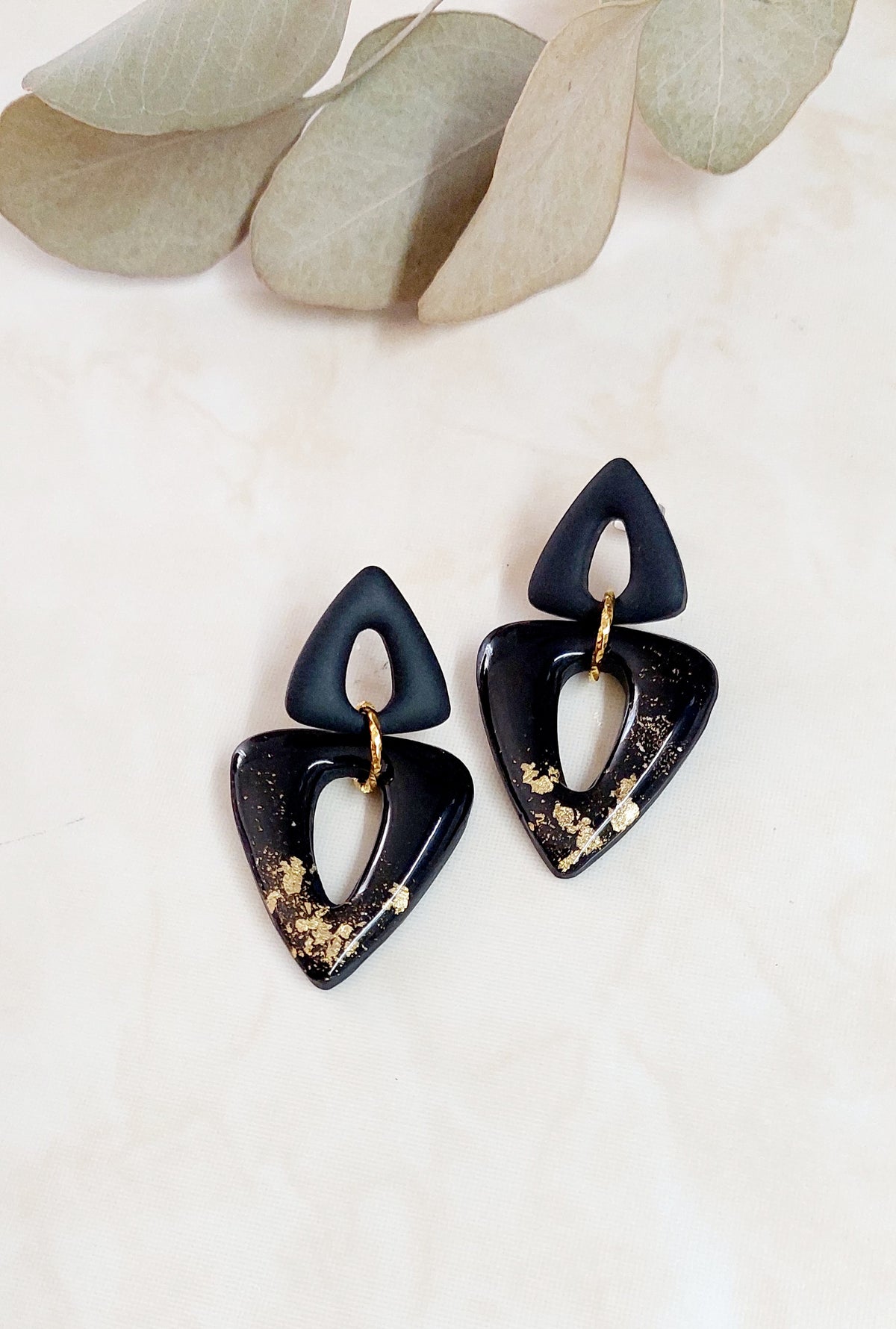 Dangle Polymer Clay Earrings- Black & Gold