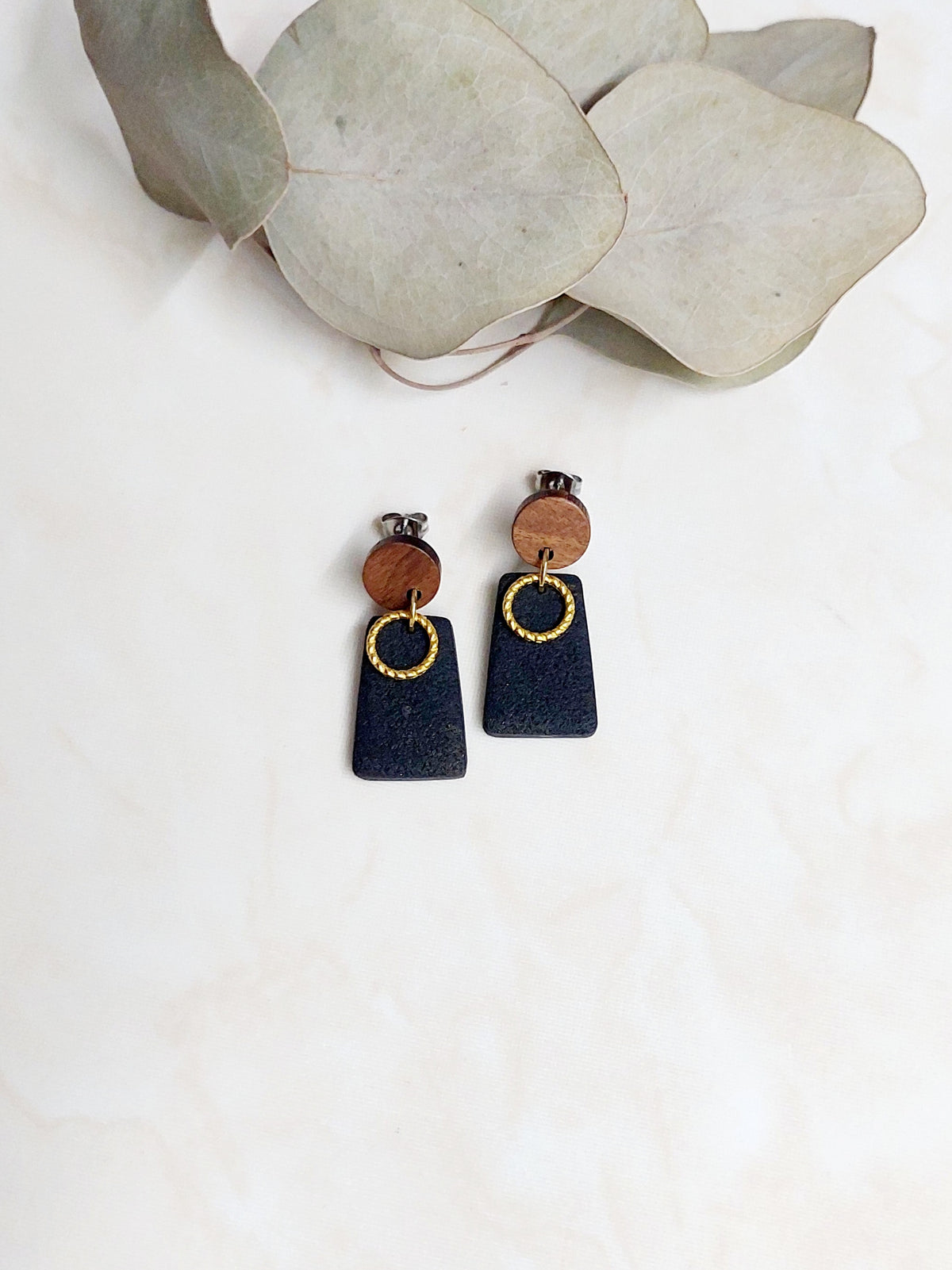 Handmade Dangle Polymer Clay Earrings- Black With Golden & Wooden Accents