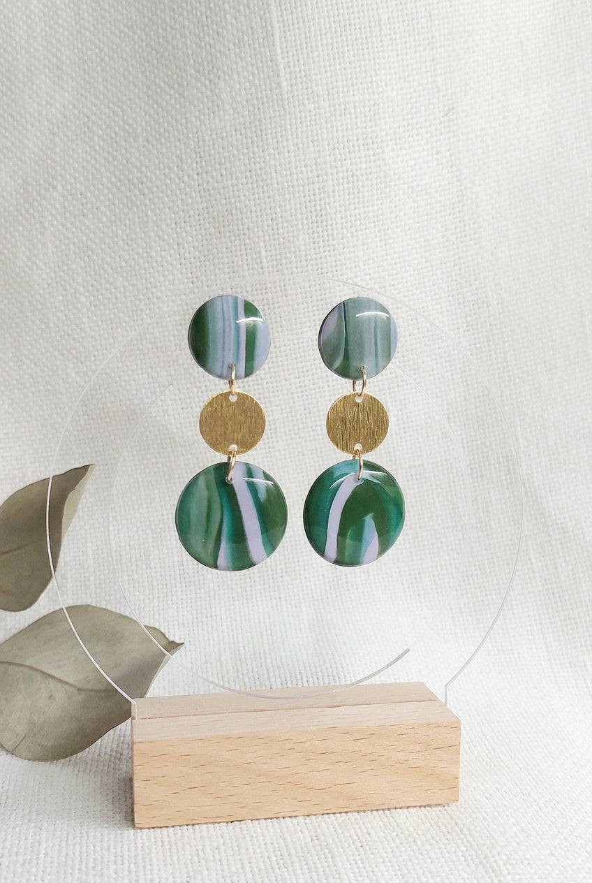 Dangle Polymer Clay Earrings- Green & Lavender With Gold