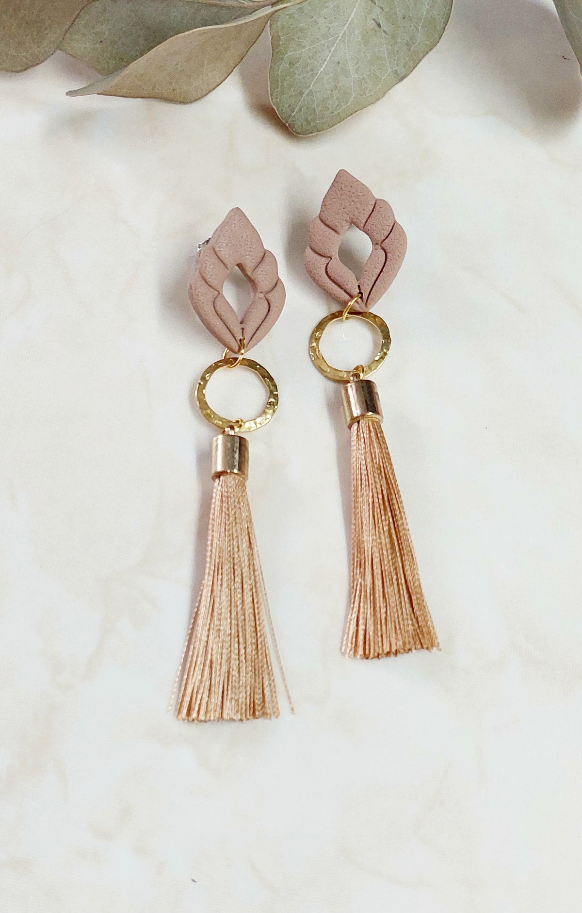 Handmade Polymer Clay Earrings With Silky Tassels - Beige With Golden Accents