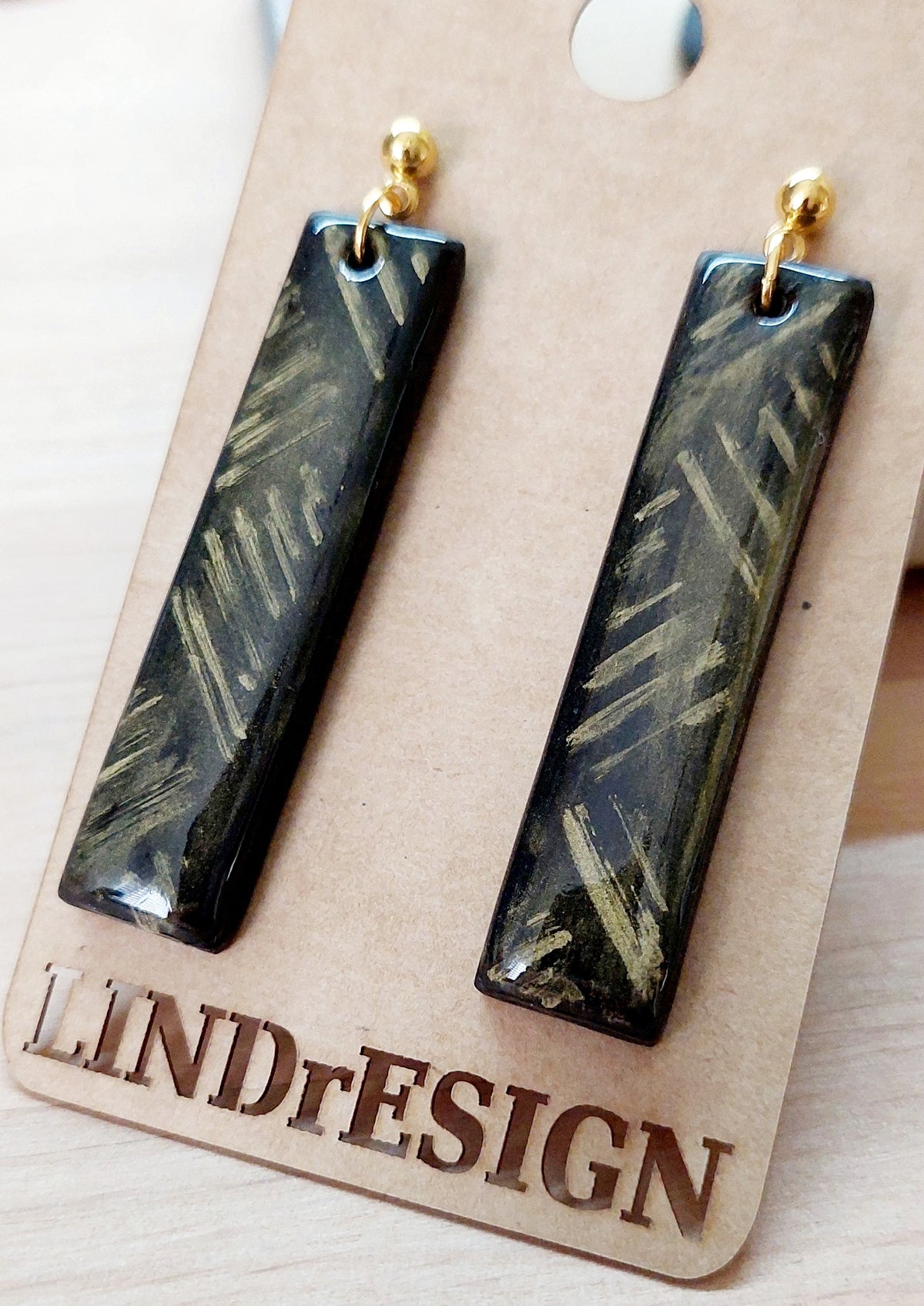 Dangle Polymer Clay Earrings- Black & Gold