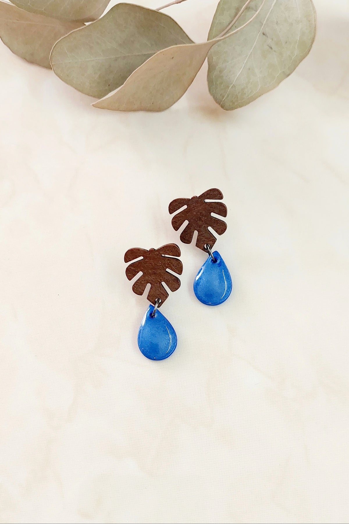 Handmade Dangle Polymer Clay Earrings- Blue With Wood