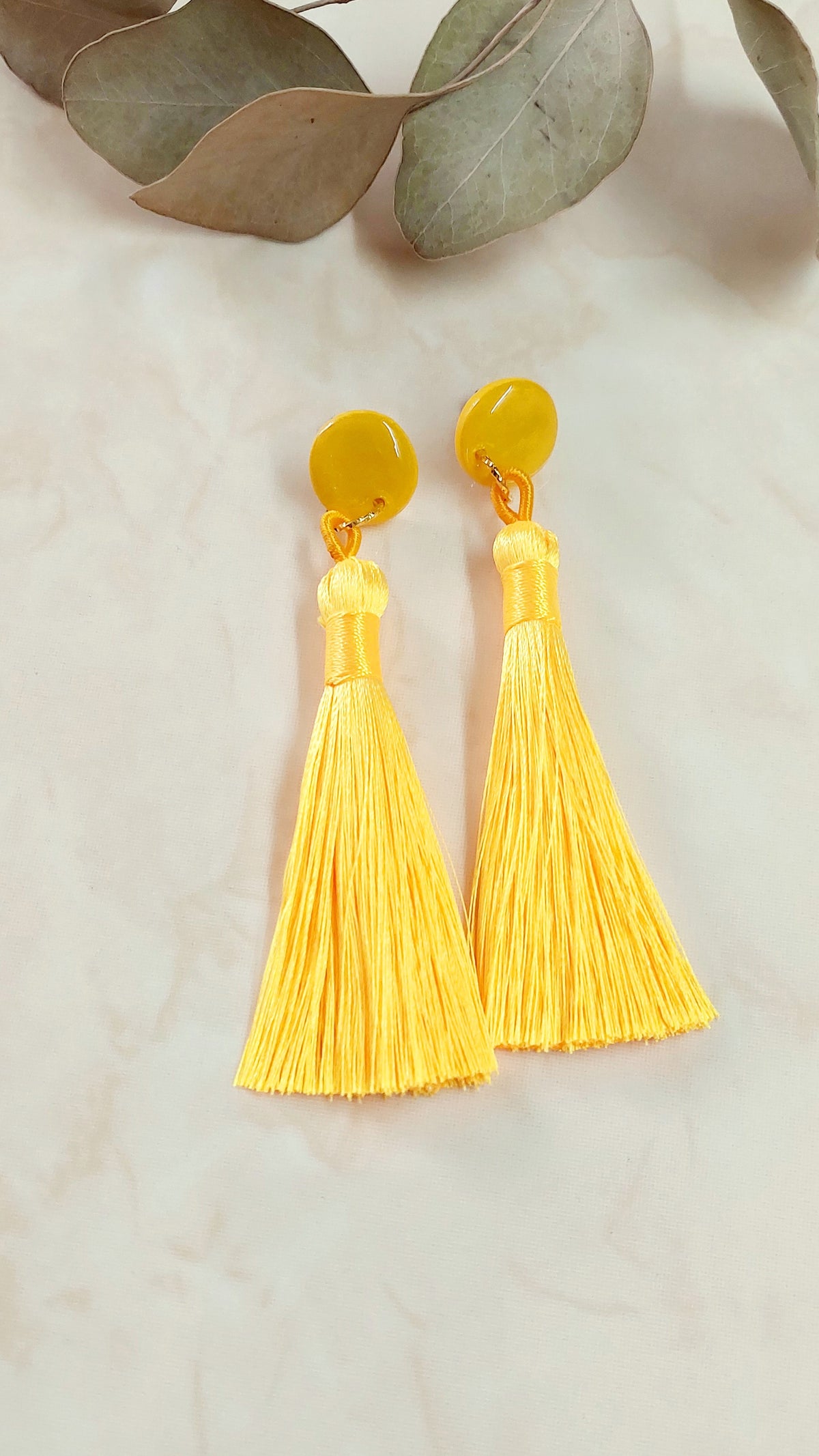 Handmade Polymer Clay Earrings With Silky Tassels- Yellow