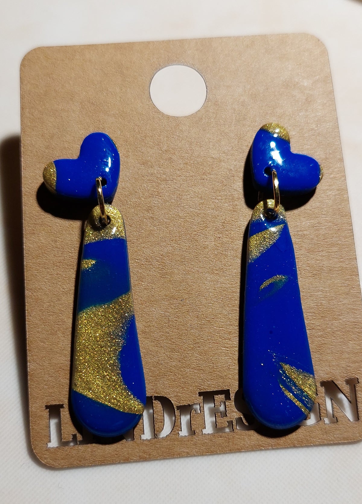 Dangle Handmade Polymer Clay Earrings- Blue & Gold