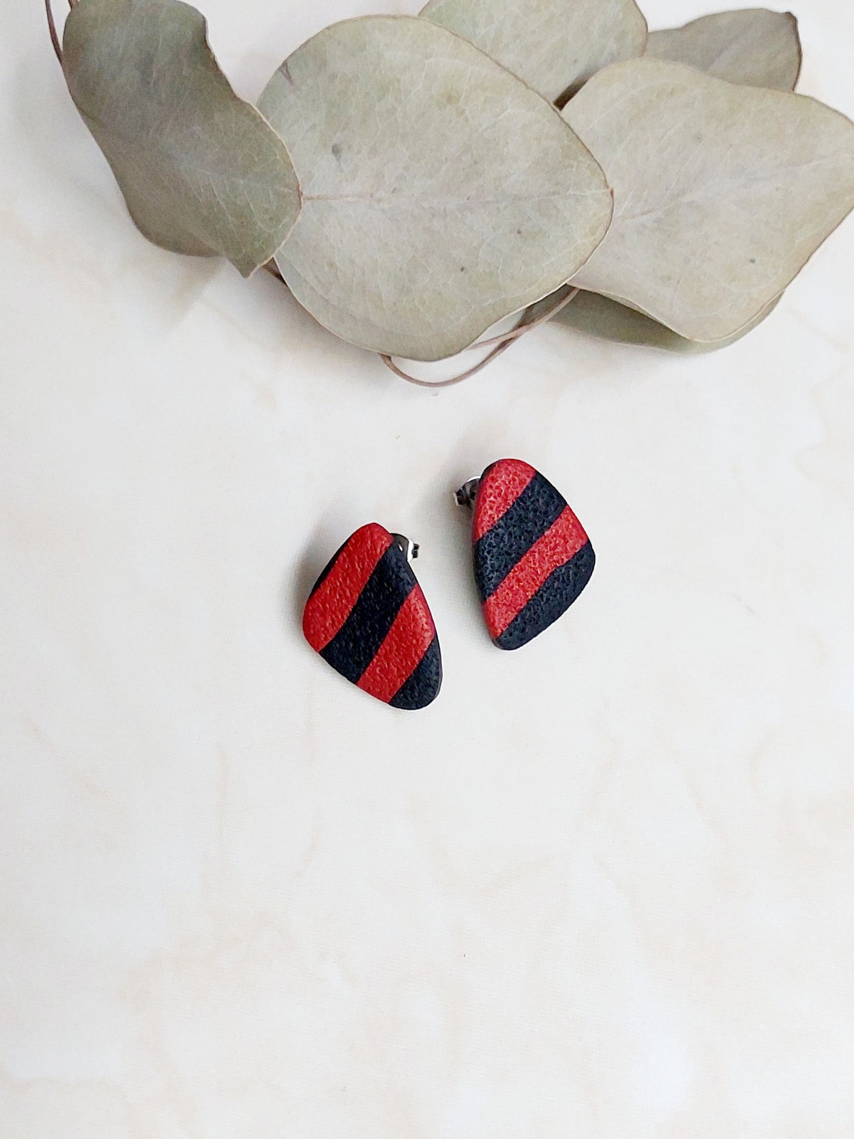Handmade Stud Polymer Clay Earrings- Black & Red Striped