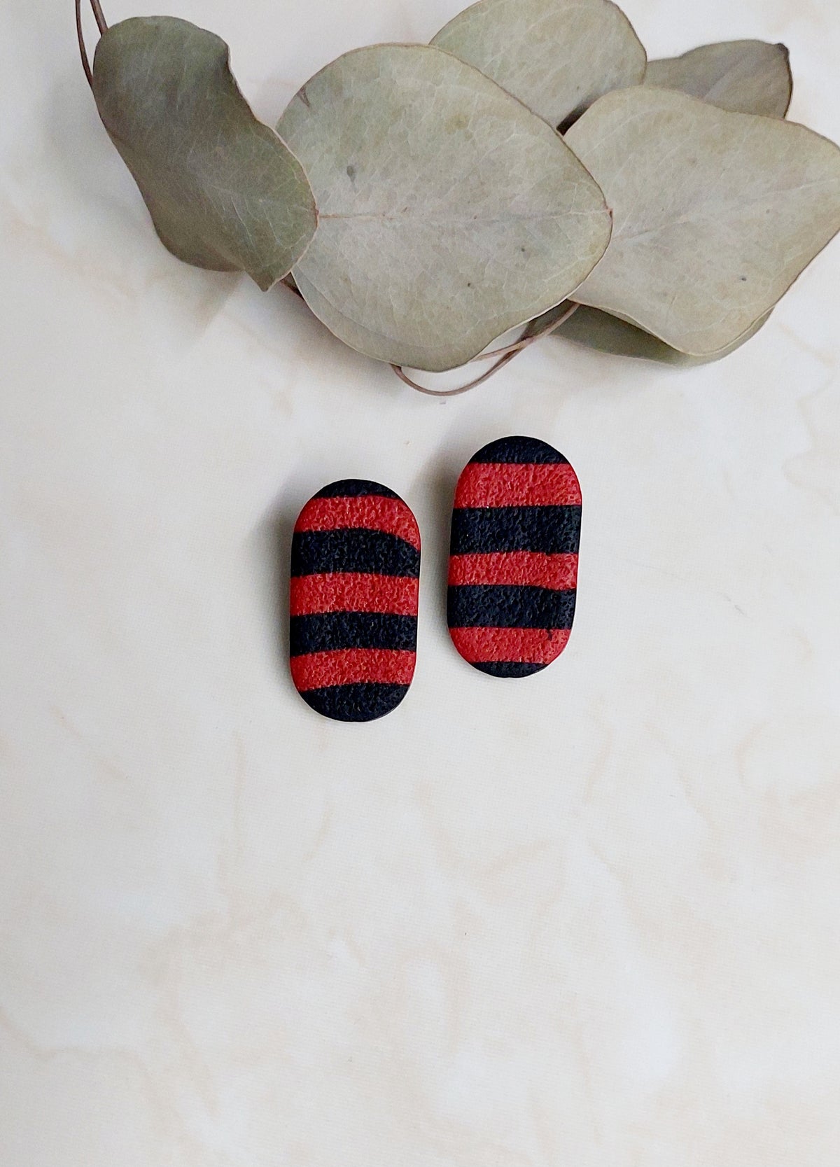 Handmade Stud Polymer Clay Earrings- Black & Red Striped