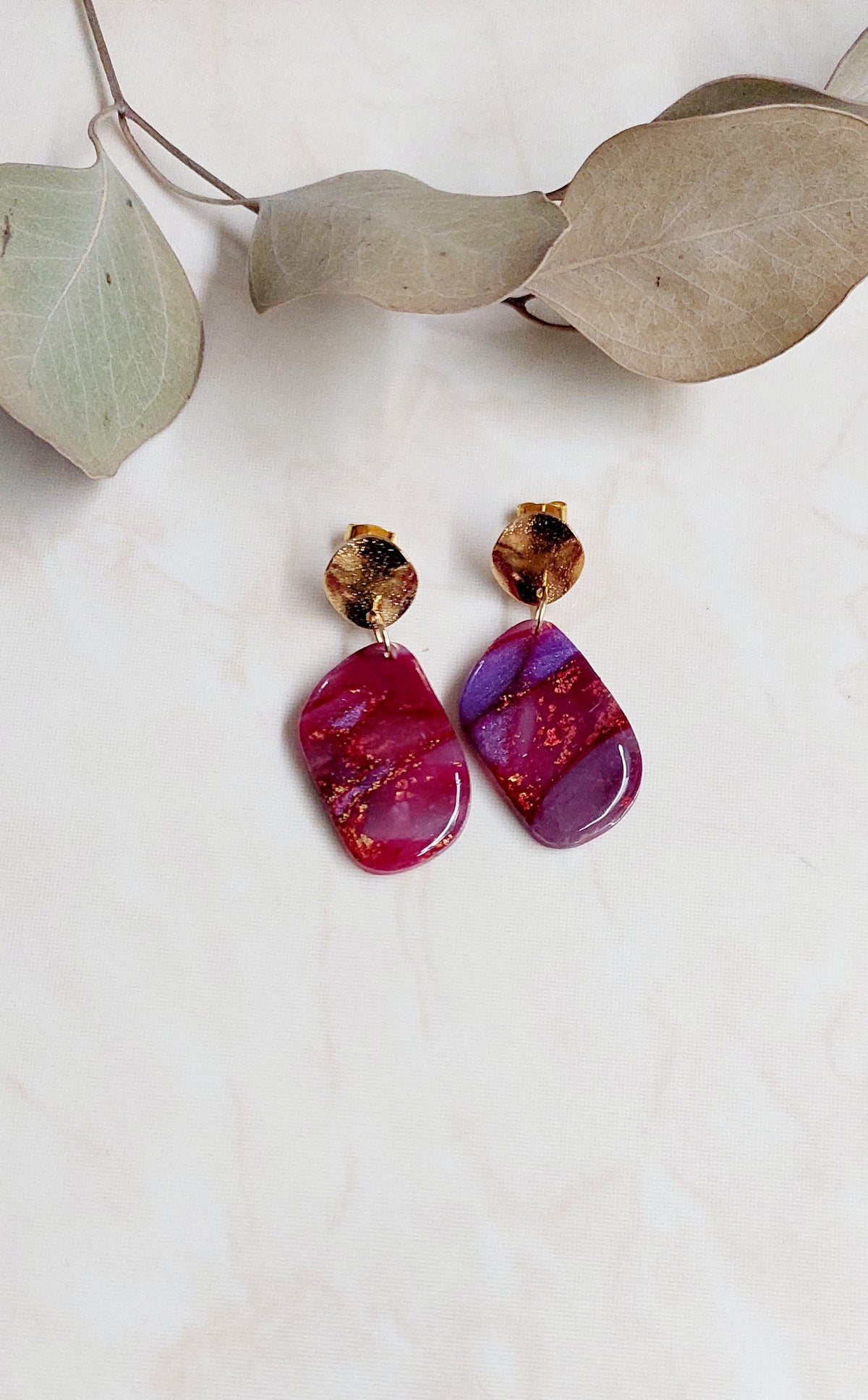 Dangle Handmade Polymer Clay Earrings- Marbled Red & Violet With Golden Accents