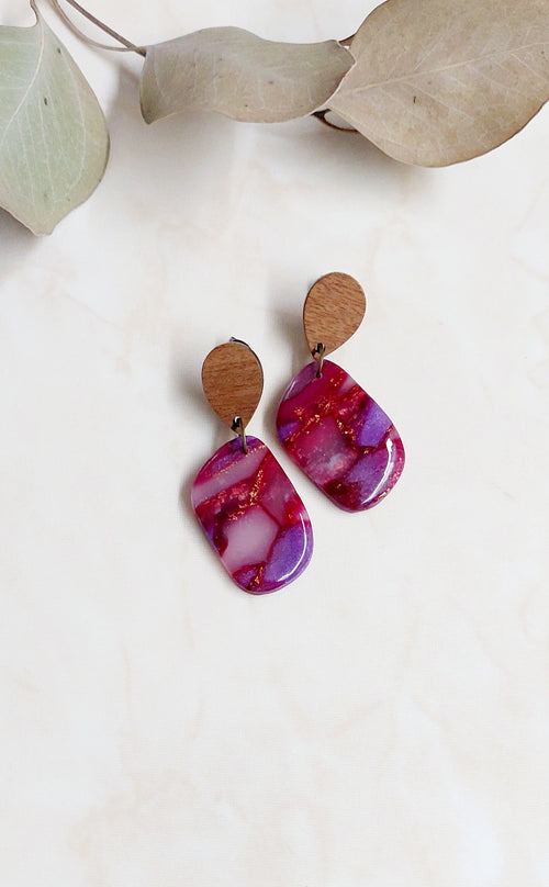 Handmade Polymer Clay Earrings- Marbled Red & Violet With Wooden Accents