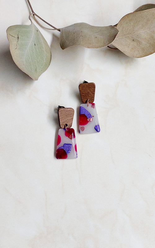 Handmade Dangle Polymer Clay Earrings- Mixed Colours With Wooden Accents