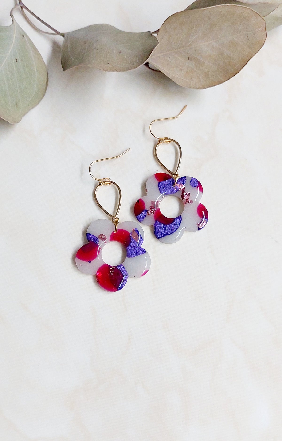 Flower Shape Dangle Polymer Clay Earrings- Mixed Colours With Golden Accents