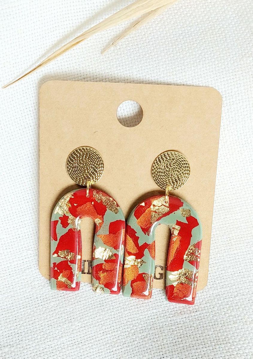 Arch Earrings – Red & Sage with Gold Leaf