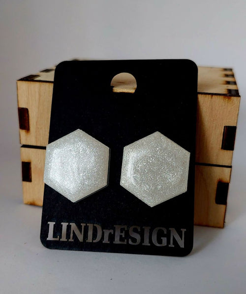 Hexagon Stud Earrings – Silver White Shimmer