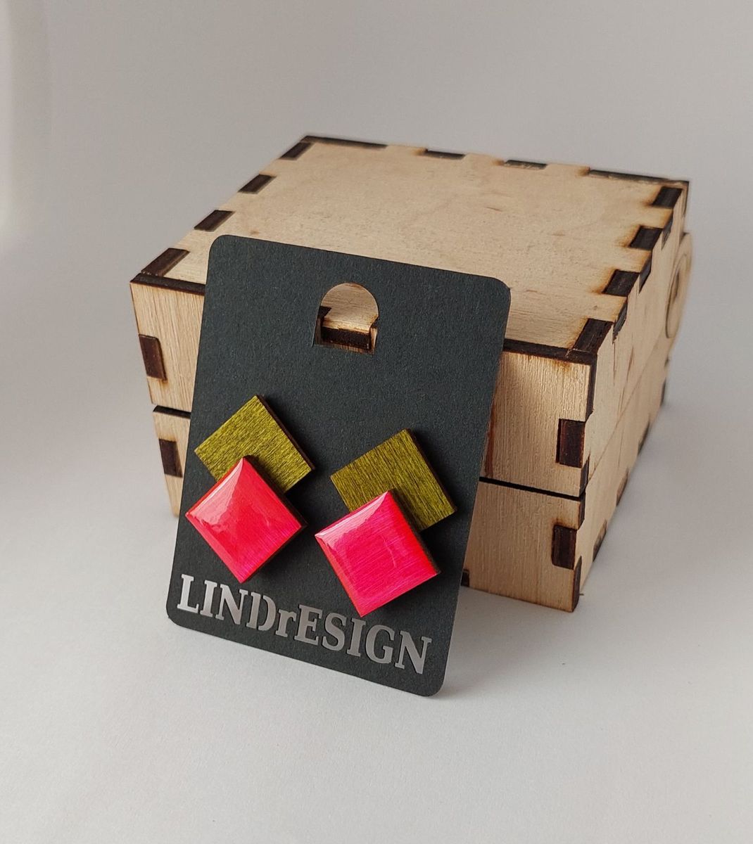Double Square Stud Earrings – Olive & Hot Pink